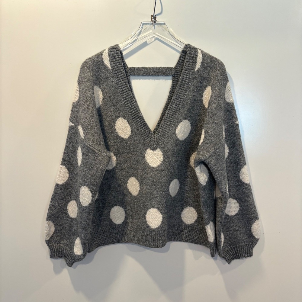 Gray Polka Dot V‎ Neck Open Back Sweater Long Sleeve Womens Size Small